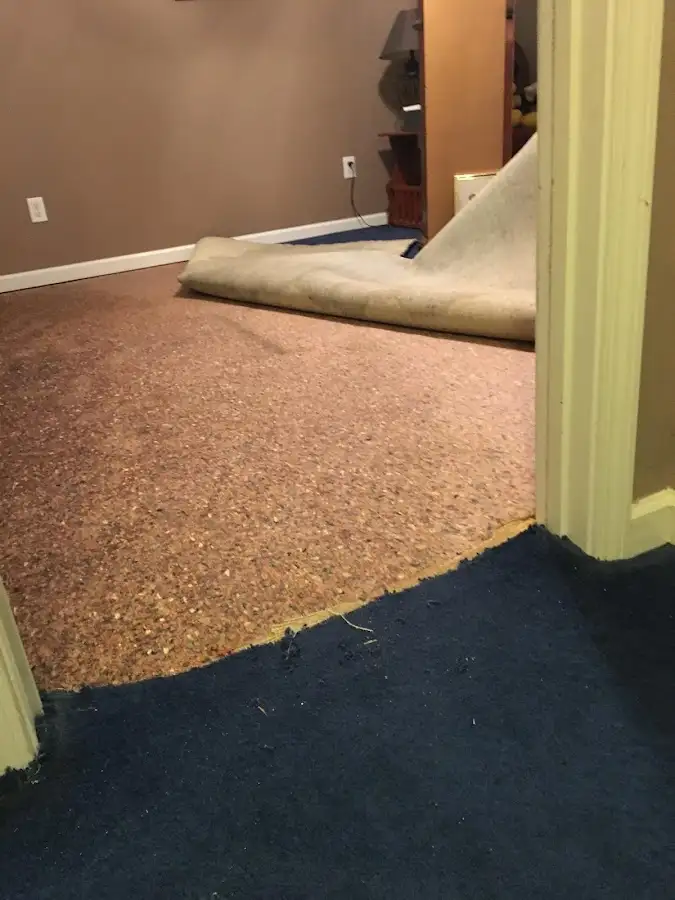 Carpet pad removal revealing water damage during Drying & Dehumidification in Woonsocket